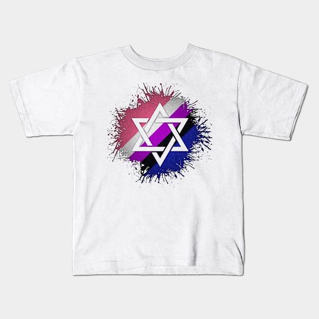 Paint Splatter Gender Fluid Pride Flag Star of David Symbol Kids T-Shirt by LiveLoudGraphics